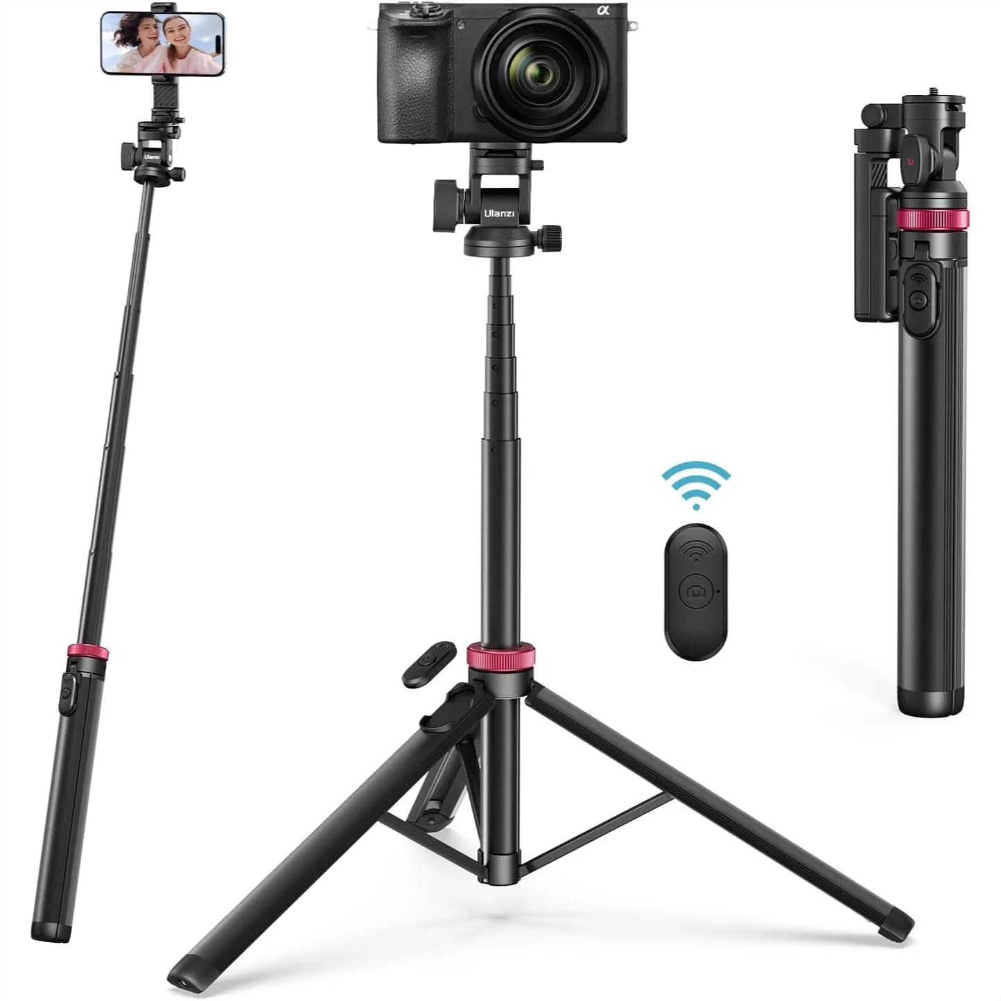 Extendable Phone Tripod 72.83" Selfie Stick with 2-in-1 Phone Clip, 360° Ball Head Camera Tripod for iPhone Sony Canon