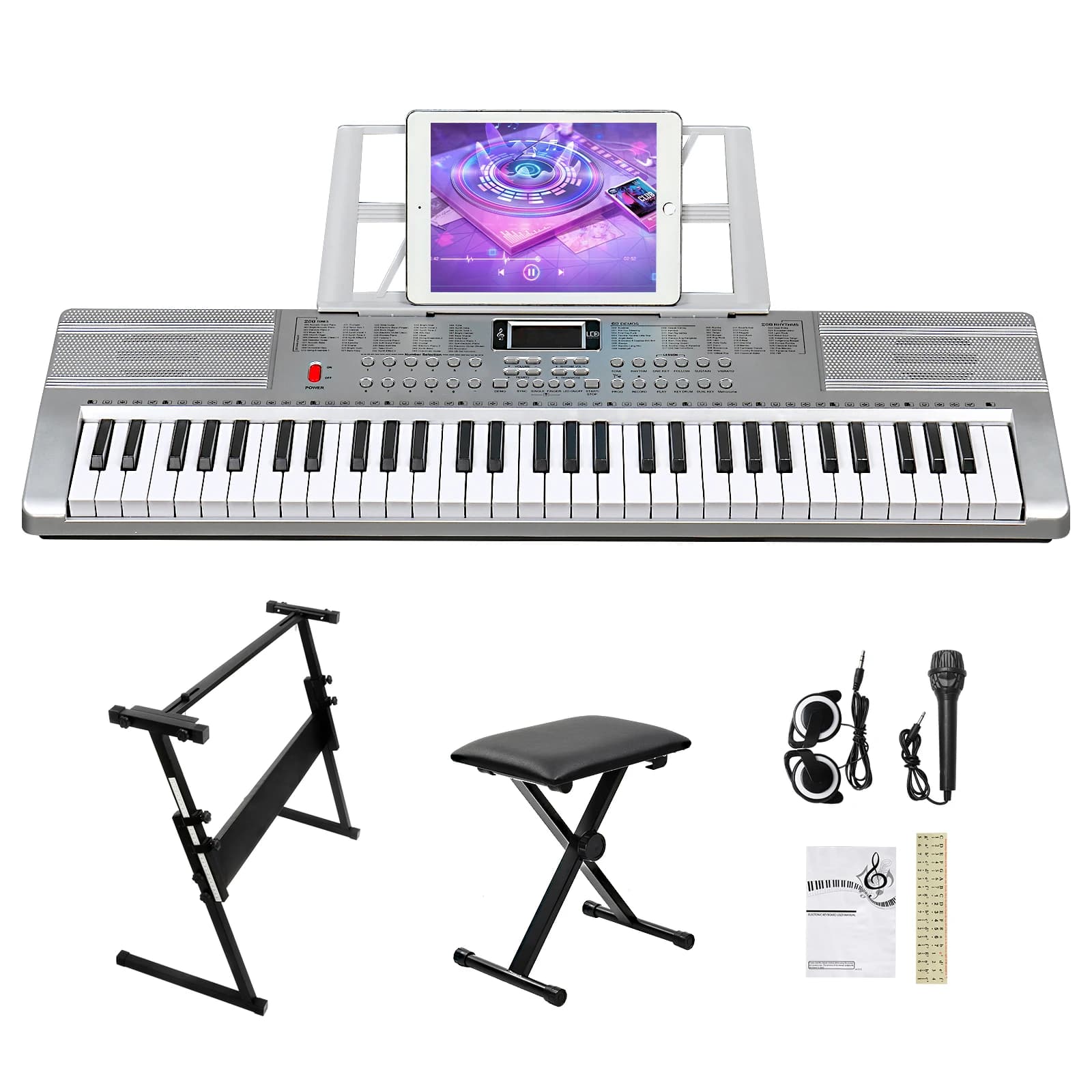61 Key Lighting Keyboard with Piano Stand, Piano Bench, Built In Speakers, Headphone, Microphone, Music Rest, LED Screen, 3 Teaching Modes for Beginners