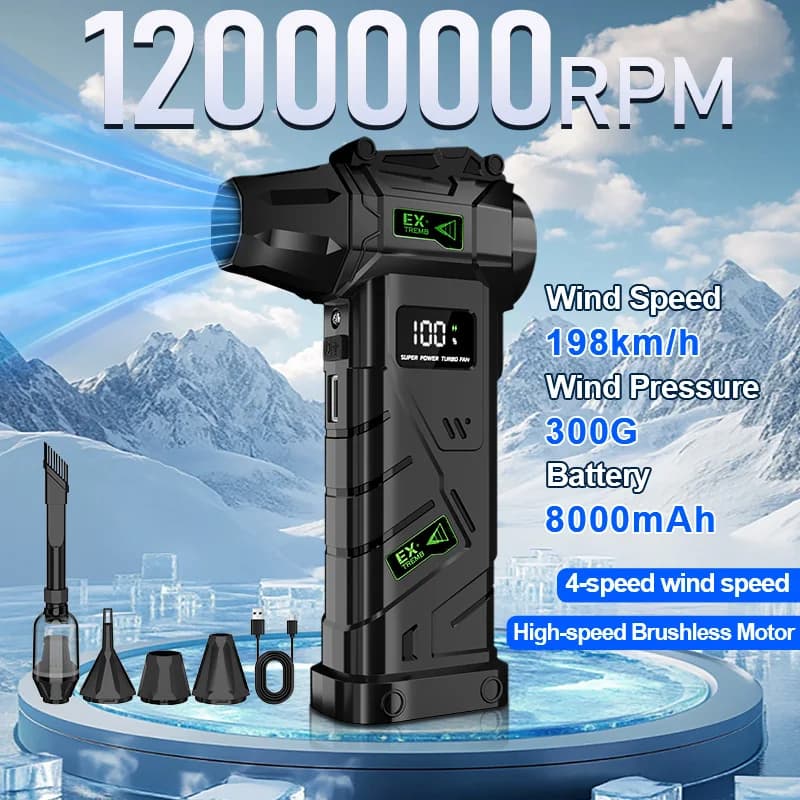 2-in-1 Blow & Vacuum Cordless Turbo Air Duster 1200000RPM 8000mAh Power Bank Stepless Speed for Car Detailing Keyboard Outdoor