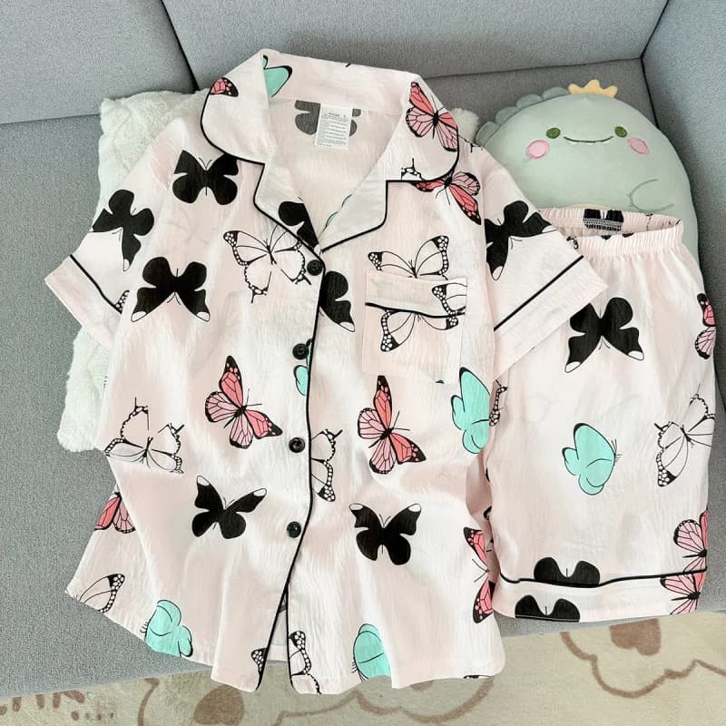 Summer Women's Printed Pajama Set V-neck Top and Shorts 2-piece Set, Casual and Comfortable Home Set, Can be worn externally