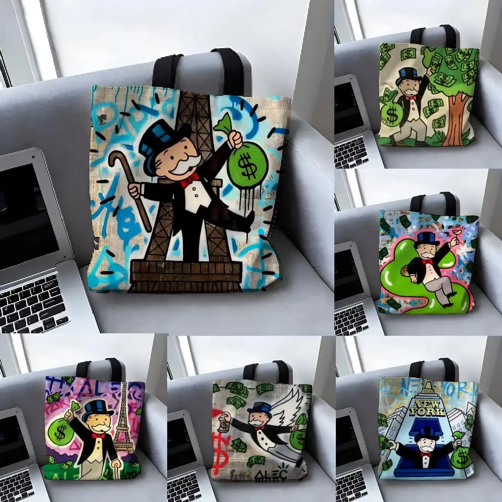 Storage Bags Canvas Tote Bag Large Women's Designer Handbags Shopping Bags For Groceries Cartoon M-Monopoly