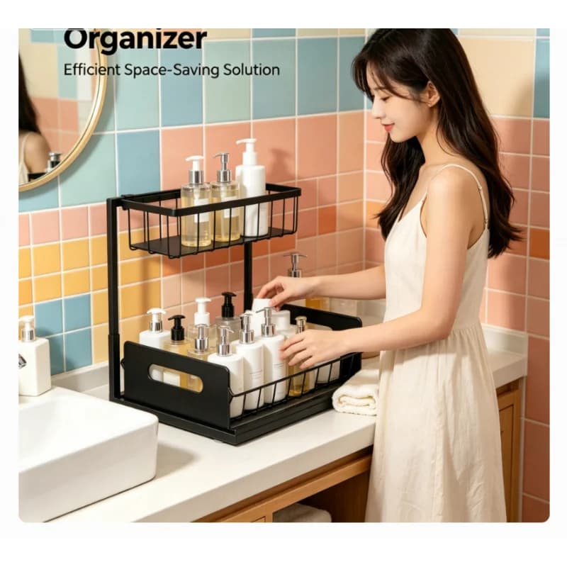 Scaffale estraibile a 2 livelli sotto il lavello, pratico organizer scorrevole per l'organizzazione di cucina e bagno.