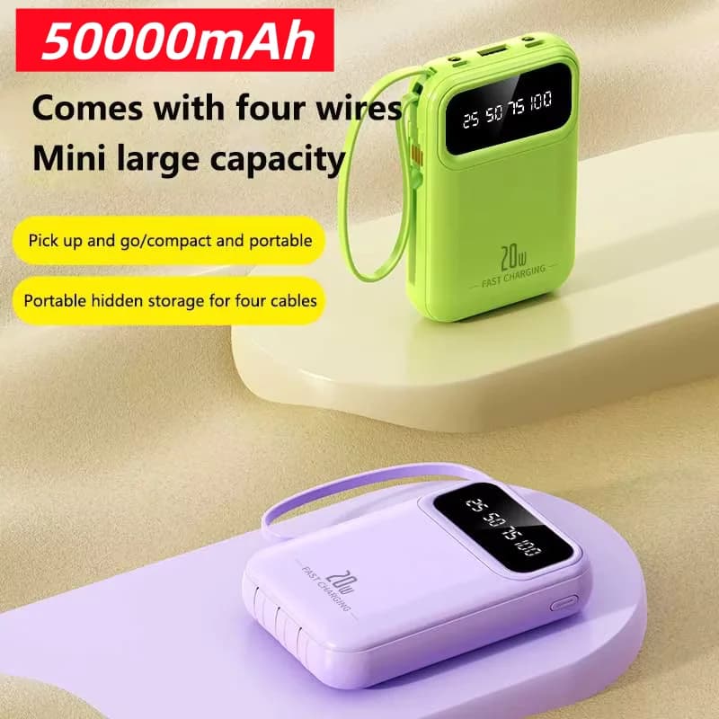 50000mAh 4 in1 Power Bank Integrated Cable Quick Charging Portable Battery Ultra Slim External Battery for iPhone Samsung Xiaomi