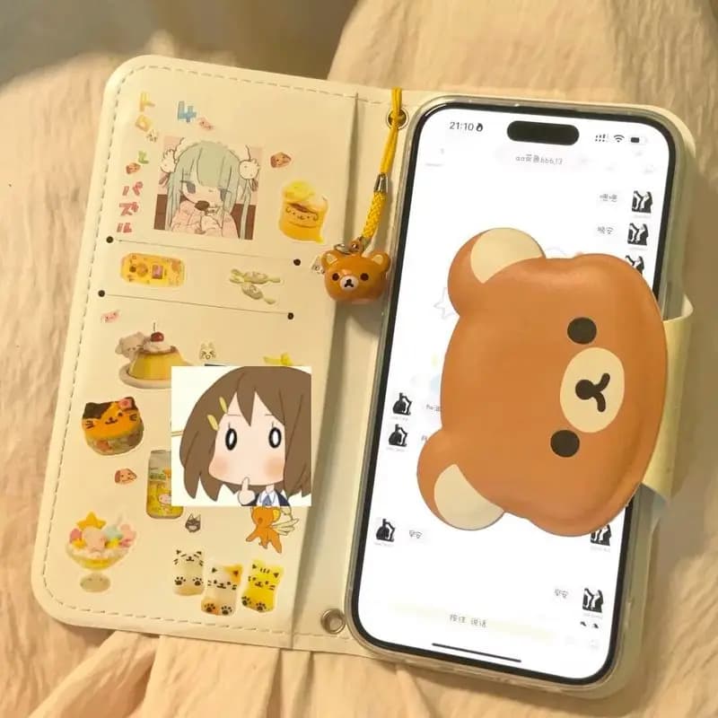 Custodia a Portafoglio in Pelle con Cartone Animato Rilakkuma per iPhone 17 Pro Max, 16 Pro Max, 15 Pro, 14, 13 - Cover Antiurto da Donna