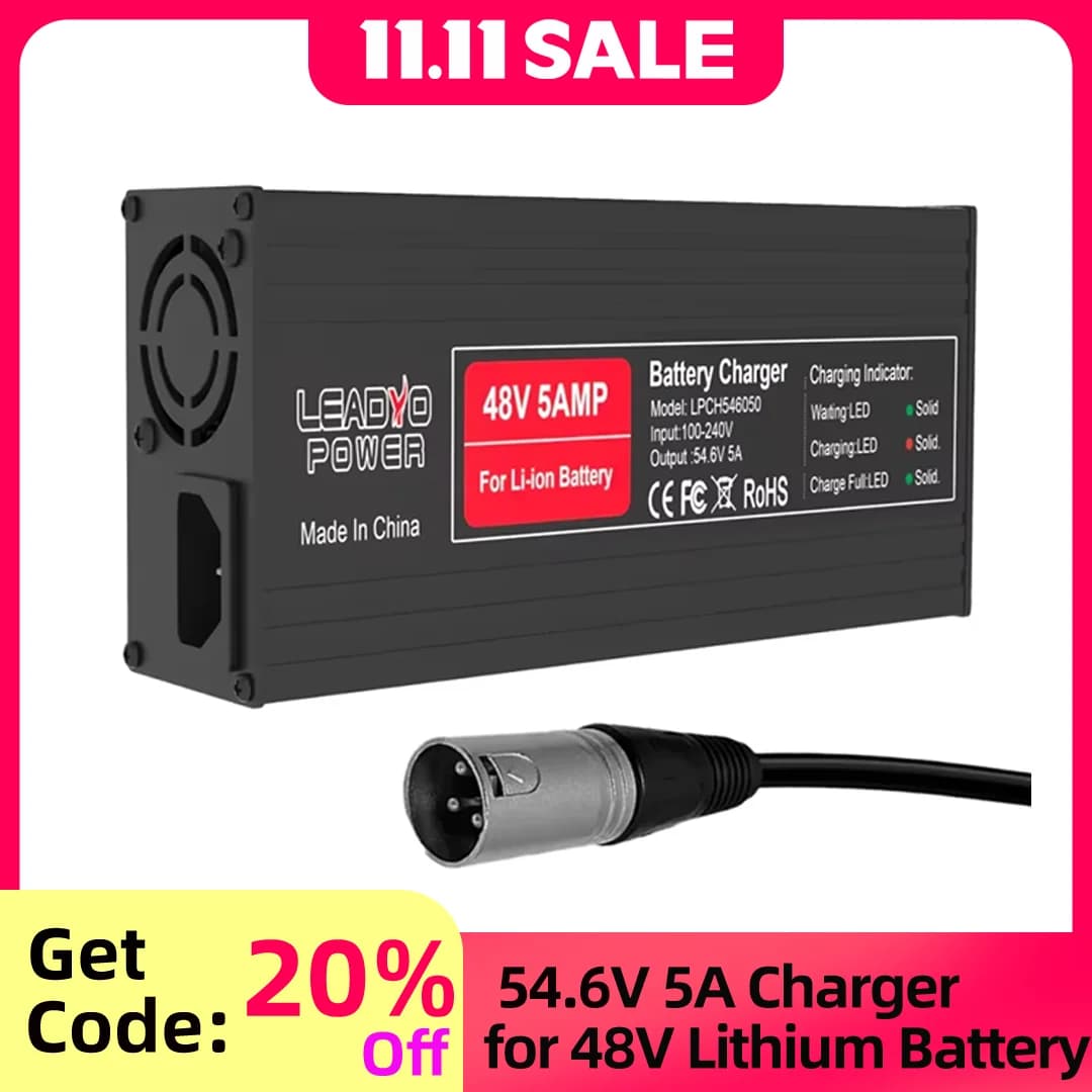 54.6 V 58.8 V 5A Lithium Ion Electric Bicycle Charger 48 V 52 V with DC2.1 Plug Aluminum Cooling Fan Intelligent Charger