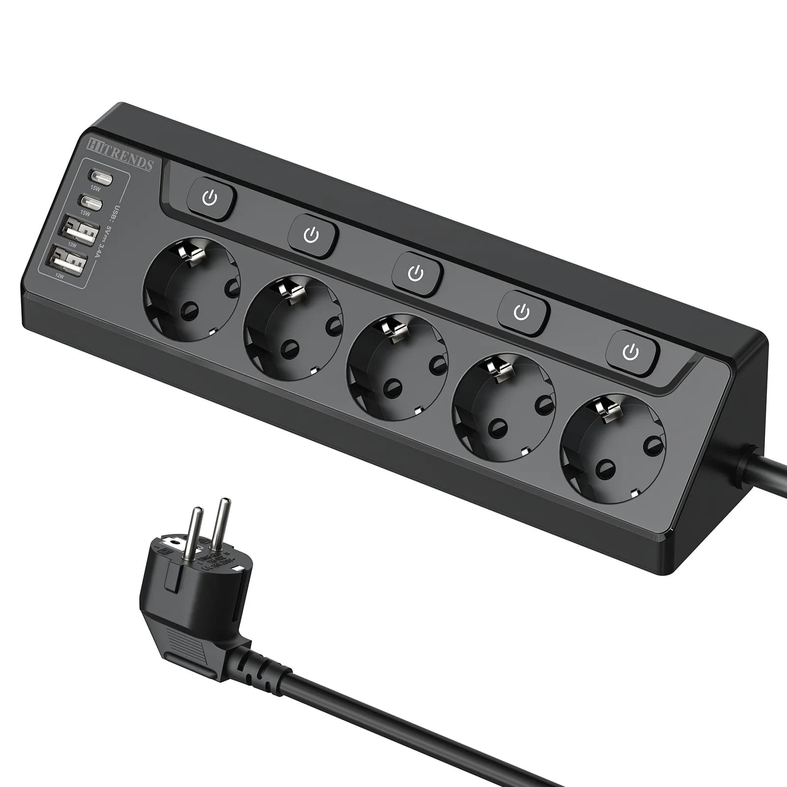 Presa multifunzione 9 in 1 5AC+2USB+2Type-C Installazione senza fori commutata singolarmente/90 ° Cavo di prolunga da 2 m con design a forma di L