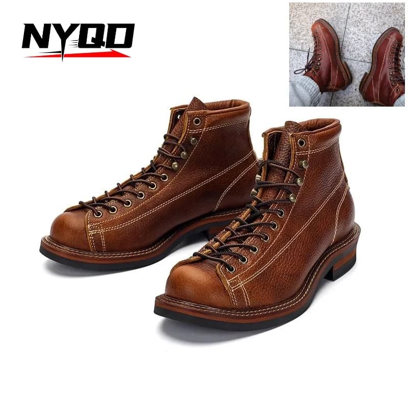 Stivali da cowhid da uomo Scarpe da trekking in pelle britannica Sneakers alla caviglia con suola spessa Stivali da moto alti in pelle di vacchetta