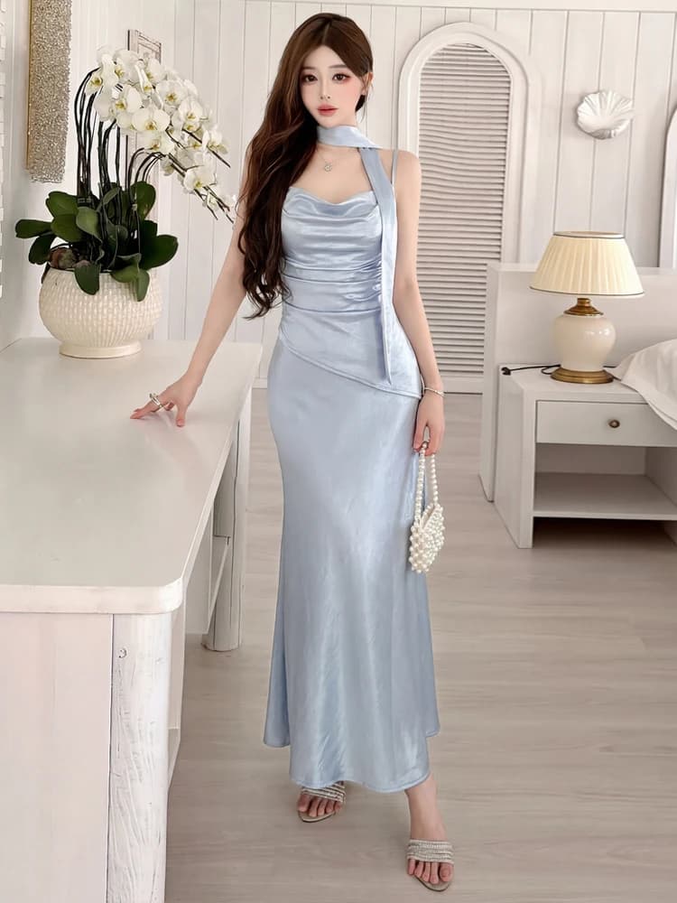 Elegant Silk Blend Wrap Dress with Fake Two-Piece Design Slimming Fish Tail H-Shape High Waist Sexy Vest Style for Women