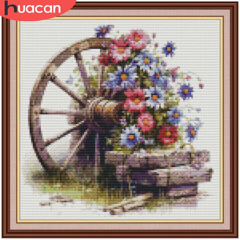 Kit di ricamo HUACAN 11CT, paesaggio con mulino a vento, set artistico fatto a mano per punto croce, giardino, margherite, cucito a mano