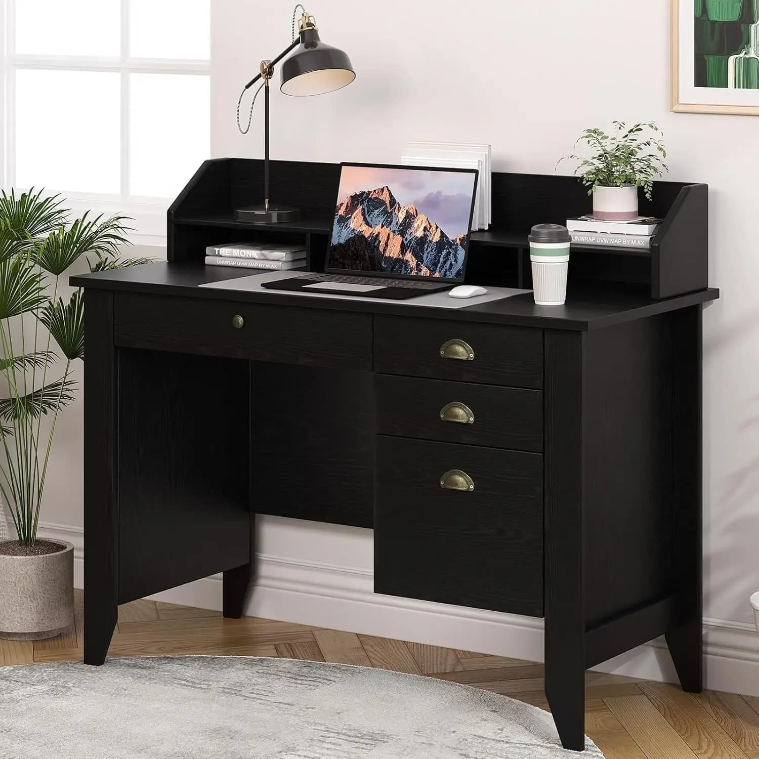 Black Desk Drawers Small File Monitor Stand Computer Storage Writing Bedroom Home Office