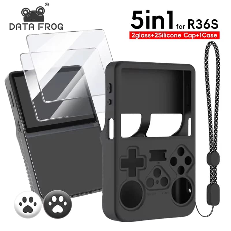 Custodia per console di gioco DATA FROG R36S 5 in 1 Custodia morbida in silicone Pellicola proteggi schermo in vetro temperato Accessori per giochi