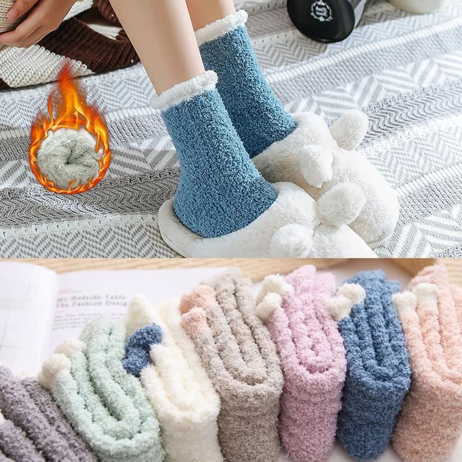 6 pairs Women's Cute Thickened Coral Fleece Mid-calf Sleep Socks For Autumn And Winter