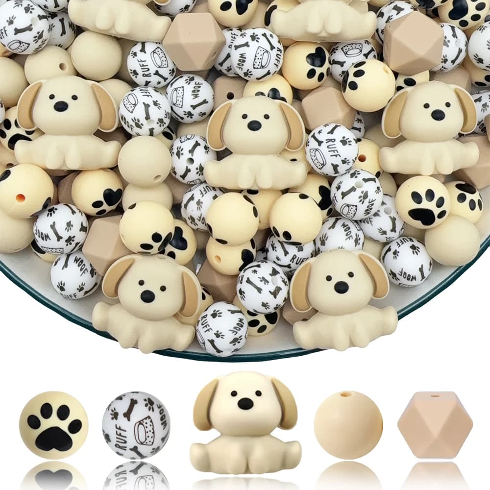 Set di perline in silicone serie Cute Dog da 6/25 pezzi, perfetto per l'artigianato fatto a mano fai-da-te come portachiavi, collane, bracciali, ecc.