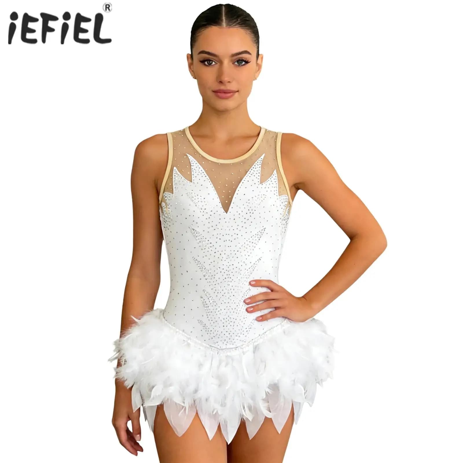 Womens Gymnastics Ballet Leotard Figure Skating Bodysuit Fuzzy Feather Irregular Hem Mesh Buttoned Crotch Leotard Jumpsuit