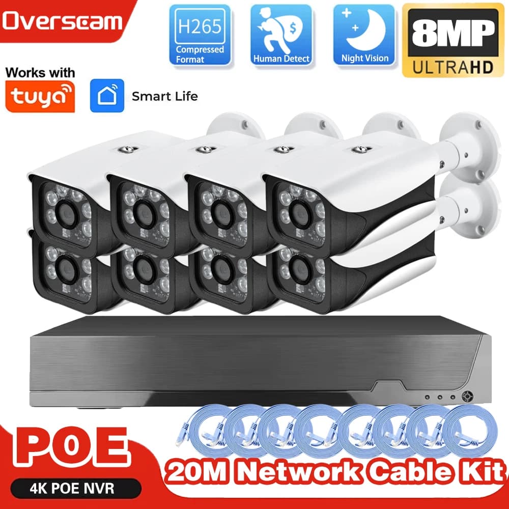 Tuya 8MP 4K Sistema di telecamere di sicurezza lP Impermeabile esterno 8CH Smartlife POE NVR Rilevamento umano CcTv Bulet Sorveglianza domestica NVR