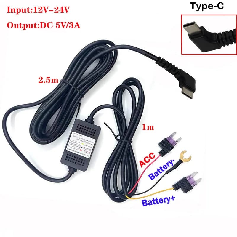 Type-C elbow Buck Line 5v 3A DVR Hardwire Camera Loader for 70mai Dash Cam M500 24H Parking Monitor