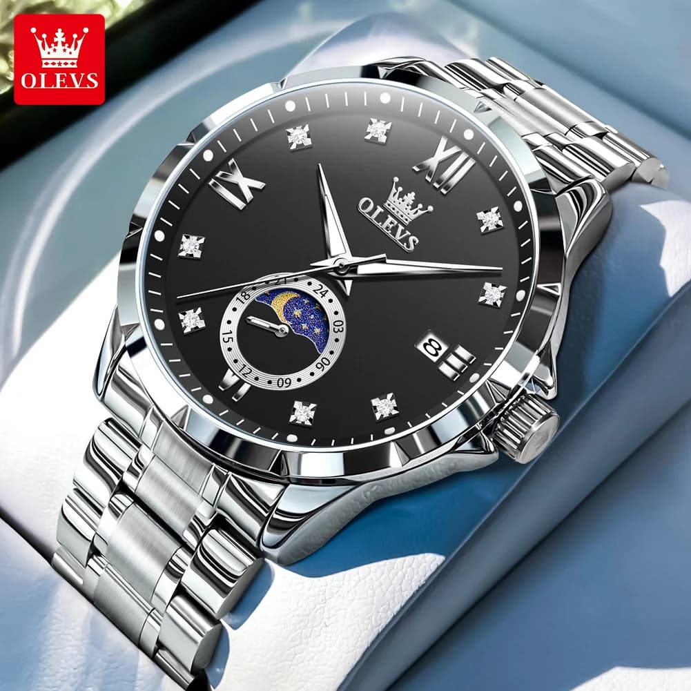 OLEVS 2956 Orologio da Uomo di Lusso al Quarzo, Design Originale con Grande Quadrante delle Fasi Lunari, Data Automatica e Finestrella Calendario, Impermeabile