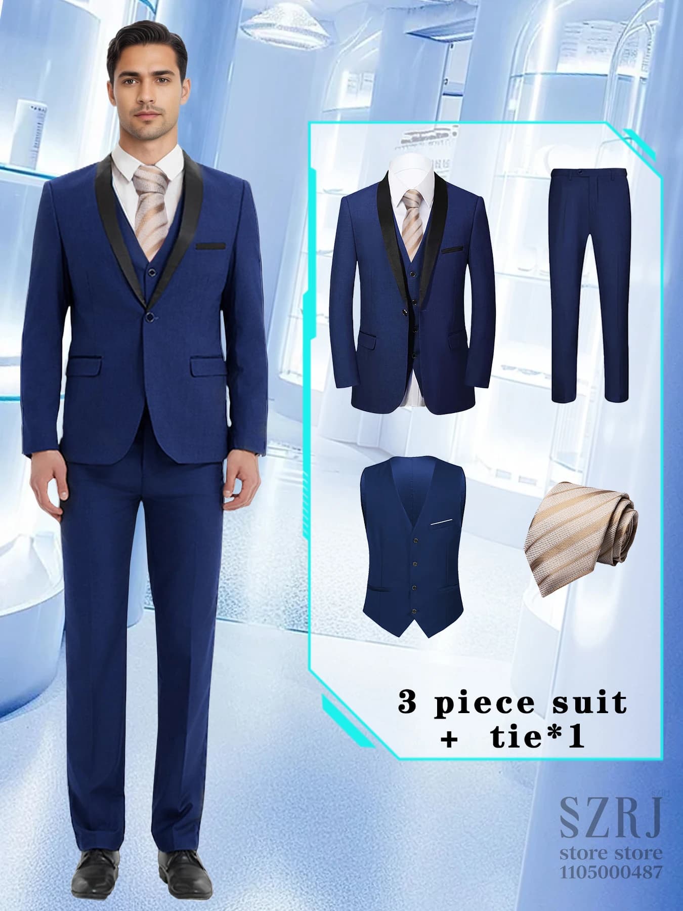 Abito da uomo in 4 pezzi: giacca, pantaloni, gilet e cravatta dorata. Alla moda, conciso, multifunzionale. Per affari, banchetti, matrimoni.