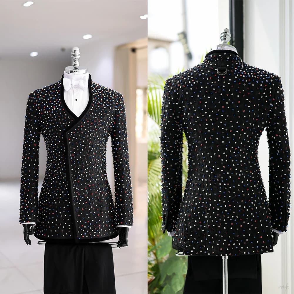 Cristalli colorati Abiti da uomo Set 2 pezzi Blazer + Pantalone Nero Smoking da sposa Ufficio formale Cotone Sposo maschile Giacca da ballo Cappotto