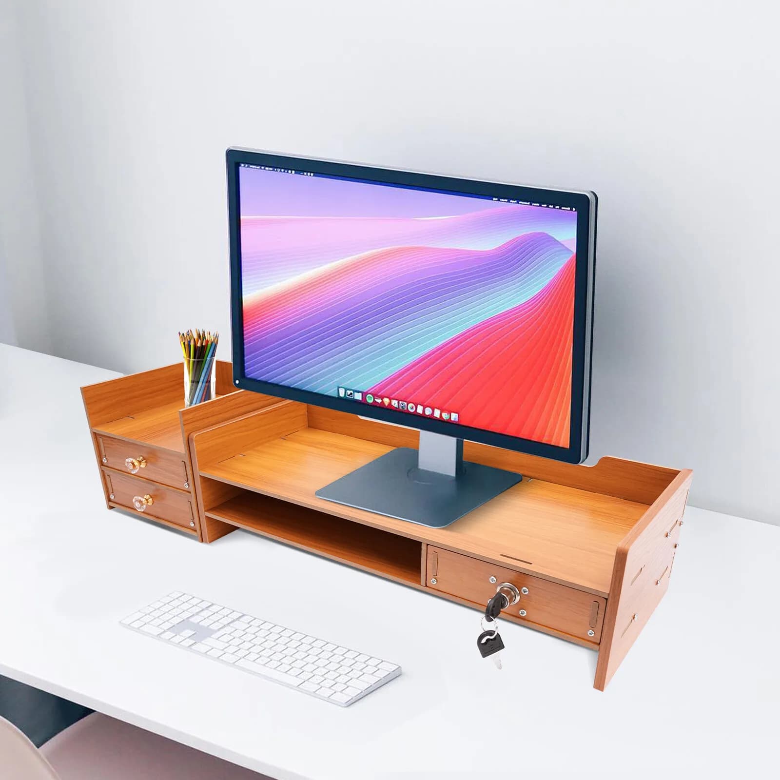 Office Computer Desktop Wooden with 3 Drawers Lockable Storage Organizer, Large Storage Capacity Computer Monitor Stand