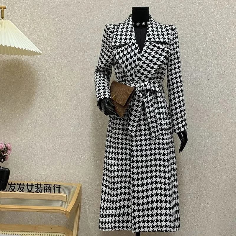2025 nuove donne addensare pied de poule con lacci cappotto di lana lungo sottile cappotto caldo autunno inverno donna lungo cappotto di lana donna outwear