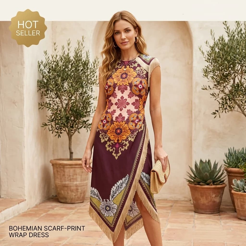 Vintage Bohemian Scarf Print Midi Dress Women Elegant Floral Sleeveless Wrap Dress Summer Asymmetrical Handkerchief Hem Fringe