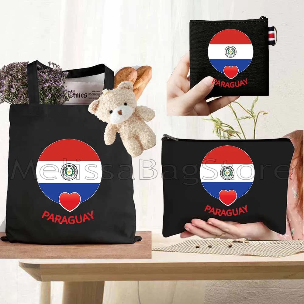 Set Regalo 4 Pezzi: Borsa Tote in Tela Nera con Bandiera a Cuore del Paraguay, Borsa a Mano con Borsellino Portamonete a Forma di Bambola, Pochette per Cosmetici e Trucchi