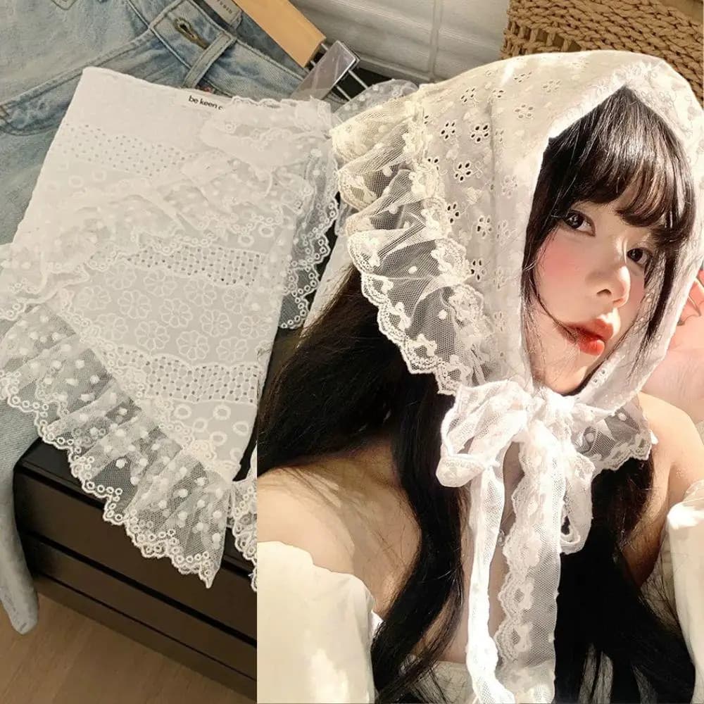Gonna corta a triangolo in pizzo coreano Mezza gonna Tenda di testa 2 in 1 Foulard in pizzo Grembiule piccolo Gonna da donna impilata in pizzo