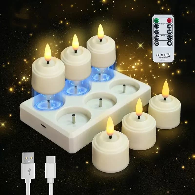 3D wick LED Tea Light Rechargeable Remote Control W/Timer Flickering Warm White Flameless Candles w/Charging Station&USB Cable