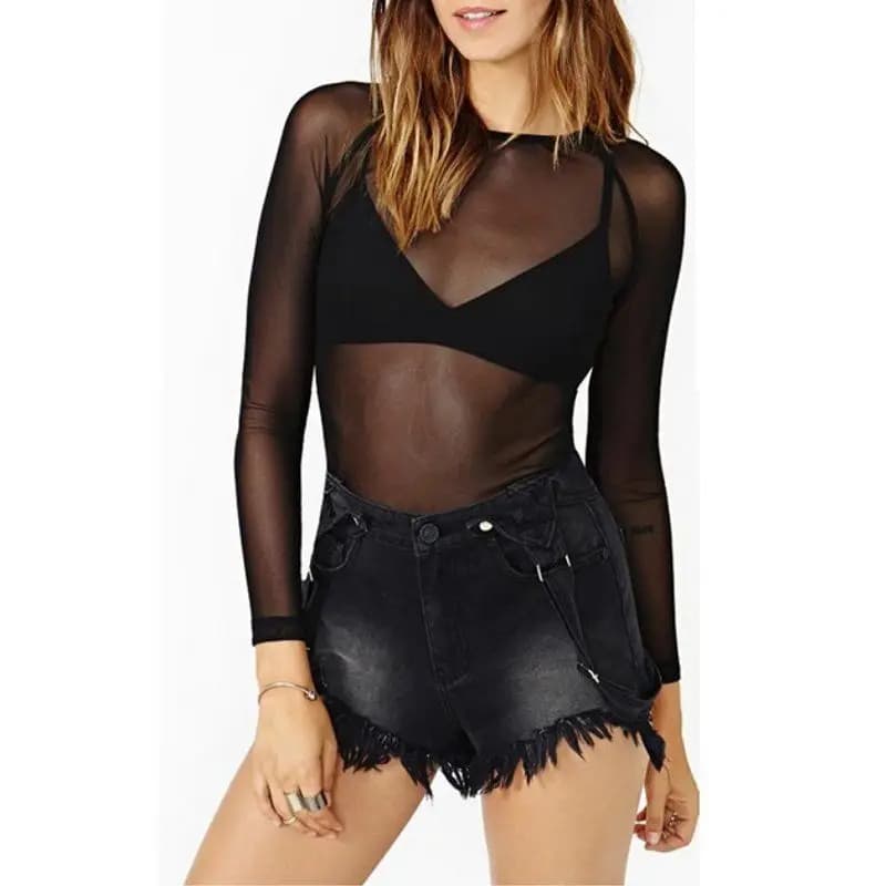 Top a maniche lunghe in rete trasparente da donna, camicetta gotica Y2K trasparente, top sexy trasparente slim fit