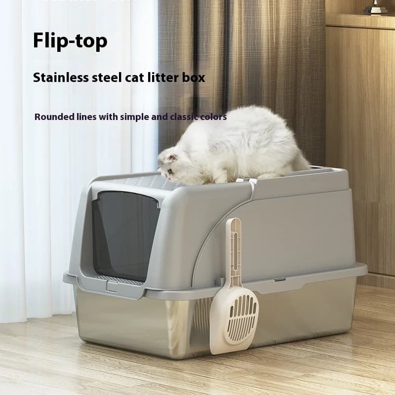 Toilette per gatti chiusa, grande lettiera in acciaio inox, ribaltabile, antispruzzo