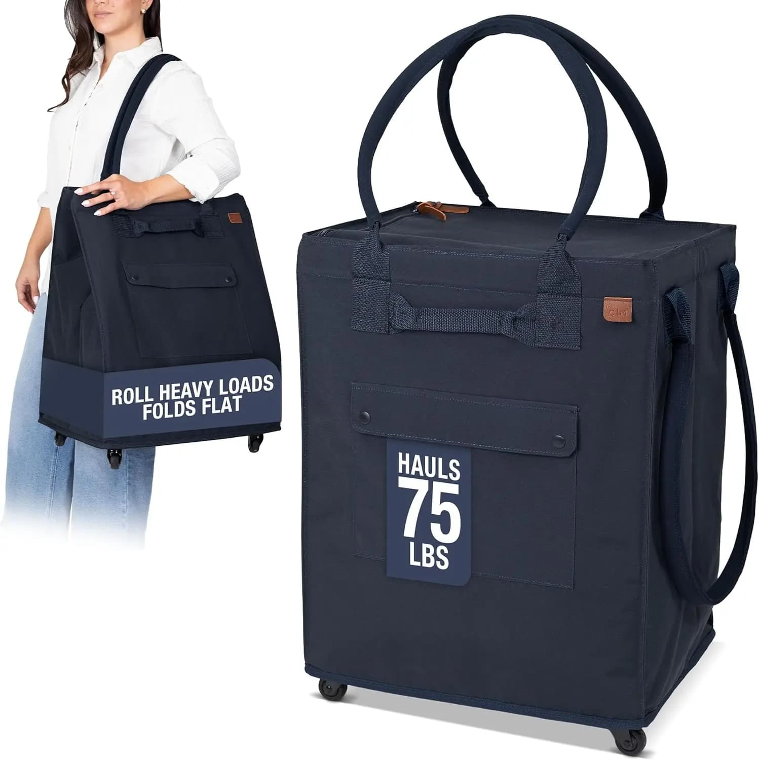 90L Collapsible Rolling Tote Bag with Wheels for Groceries, Laundry, Travel