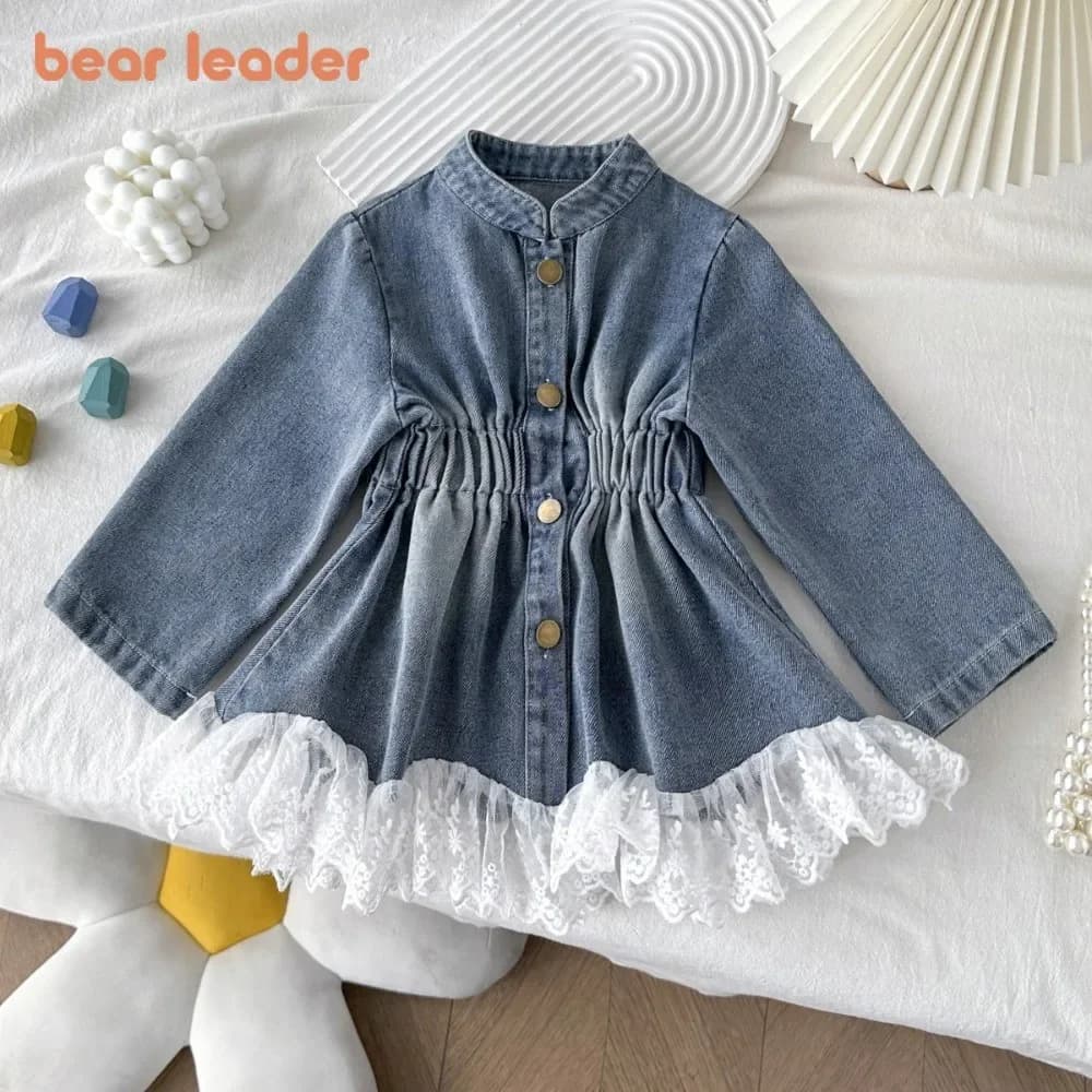 Bear Leader 2025 Autunno Fashion Street Style Blu Ragazze Abiti a maniche lunghe Patchwork Giacca di jeans in pizzo Abbigliamento moda per bambini