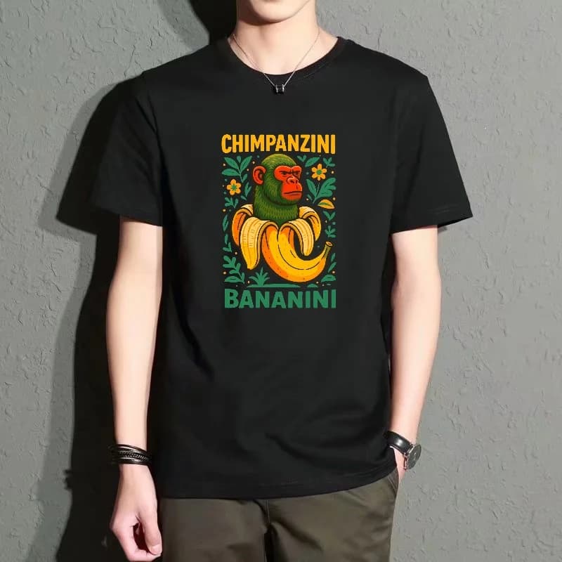 Men's Black Round-Neck Short-Sleeved T-Shirt, Fun Gorilla Banana Print Loose Top, Street Fashion Casual Versatile Style, Comfortable and Breathable for Everyday Wear