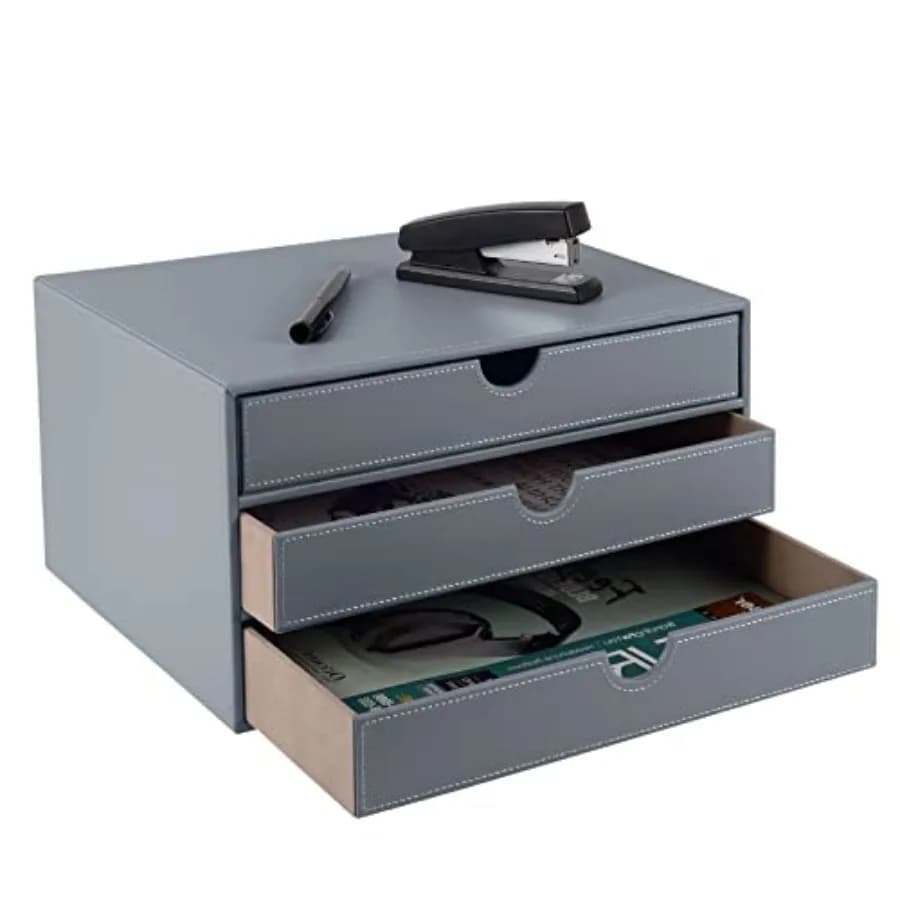 Organizer da Scrivania in Pelle PU con 3 Cassetti, Portadocumenti A4 per Ufficio, Porta Gioielli/Fatture/Carte