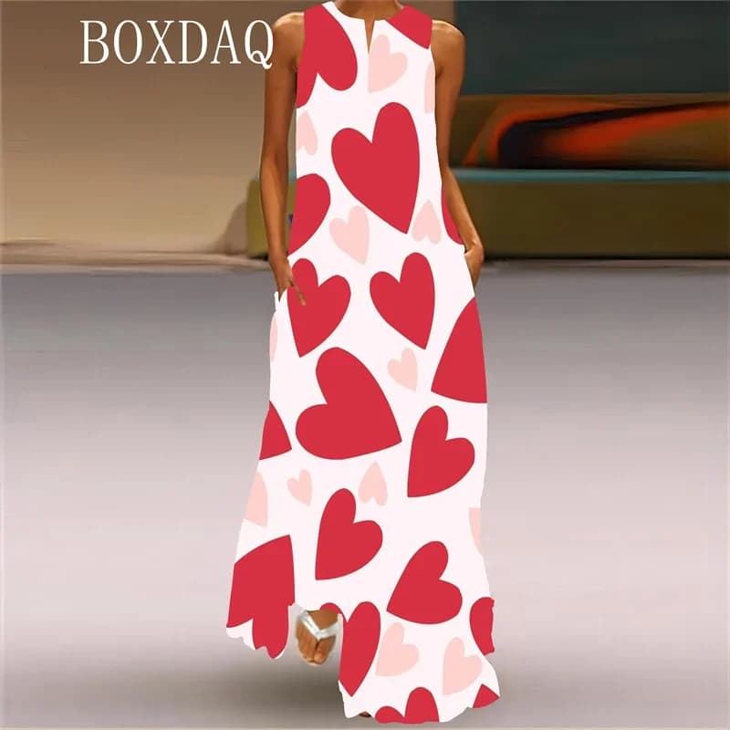 Elegant Long Sleeved Dress with Sweet Print Women's Dress New Spring Maxi Casual Sleeveless Dress with Sexy V-neck Beach Dress