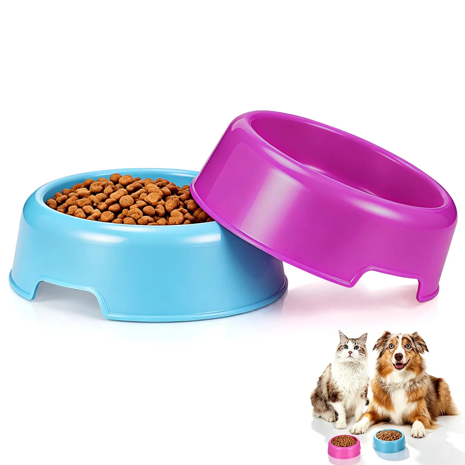 2Pcs Plastic Dog Bowls Bright Color Round Design Pet Food Water Holder Stable Base Dog Bowl Pet Bowl Puppy Feeder