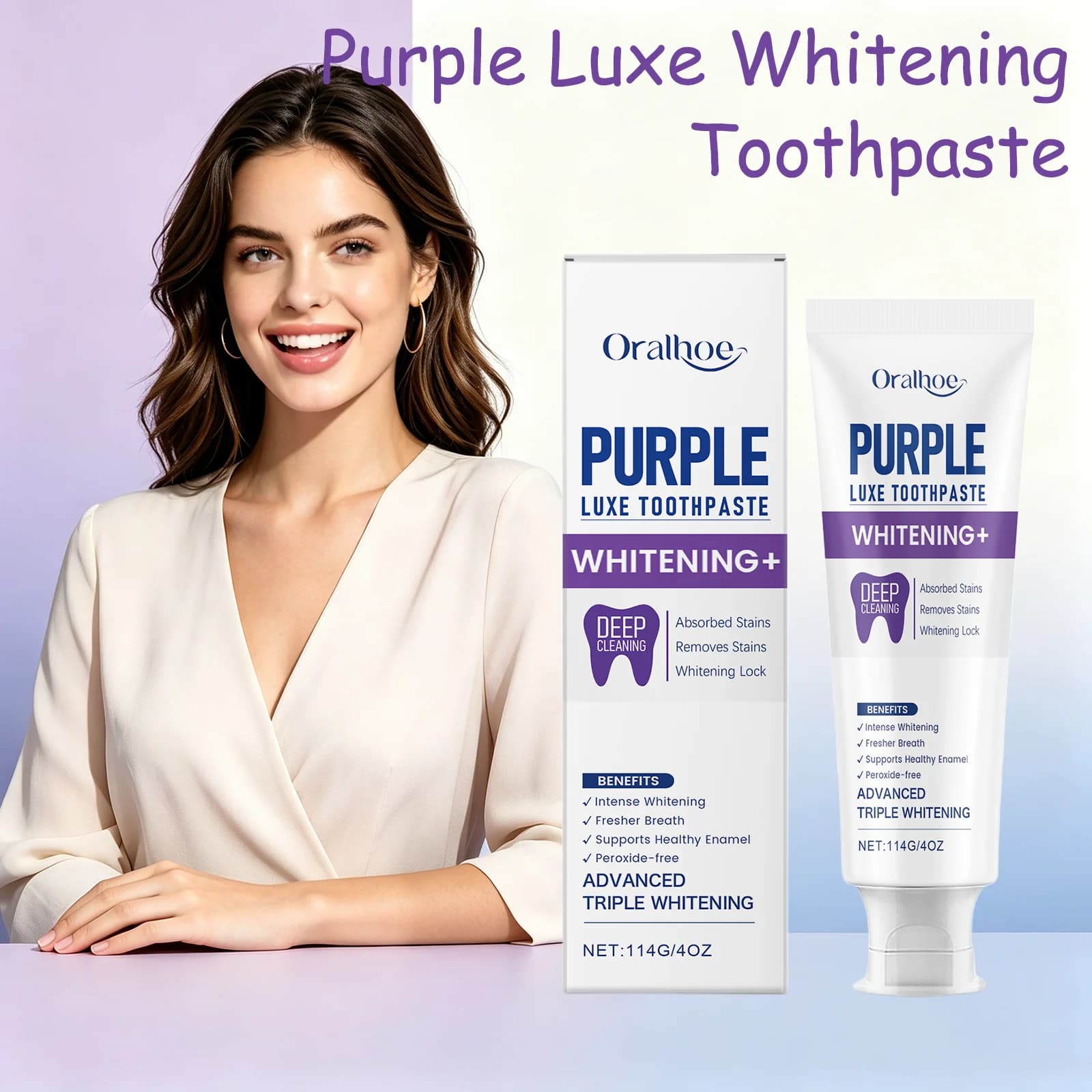 Oralhoe Purple Luxe Whitening Toothpaste Deep Stain Remover Enamel Protection Fresh Breath Gentle Teeth Brightening Toothpaste