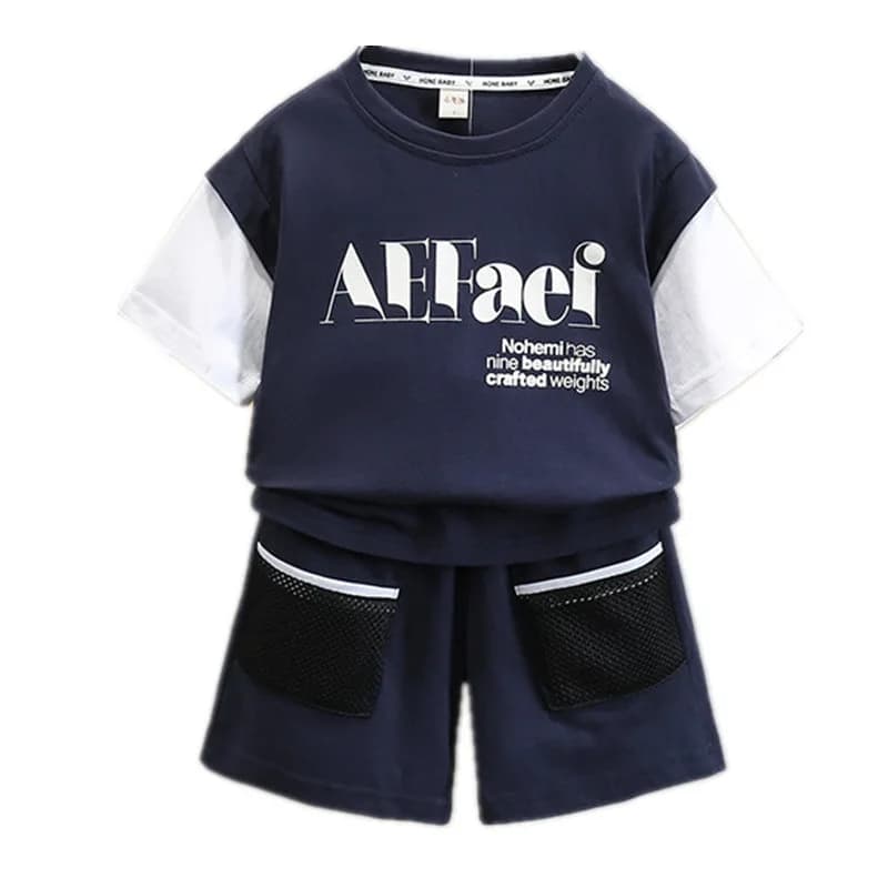 Tuta sportiva estiva per bambini Tuta sportiva per bambini All'aria aperta Ragazzi Falsi due magliette e pantaloncini Set da 2 pezzi Tute per bambini 2-11 anni