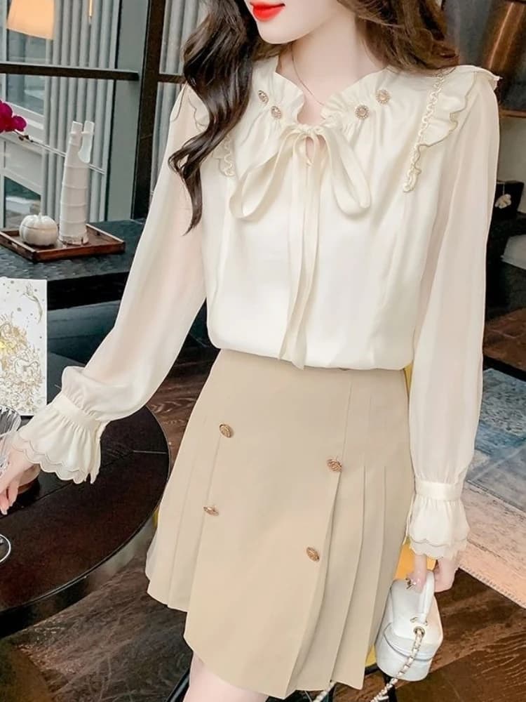 Camicetta in Chiffon da Donna Unica e Graziosa 2026 con Fiocco e Maniche a Sbuffo, Top Elegante Primavera Autunno per Uso Quotidiano