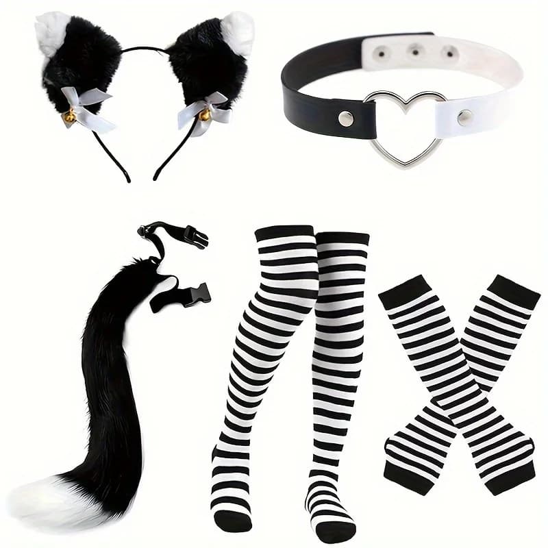 QQ Cat Cat Ear Bow Headband Necklace Claw Gloves Cosplay Plush Bell Women Girl Masquerade Party Black White Stripes Tail Socks