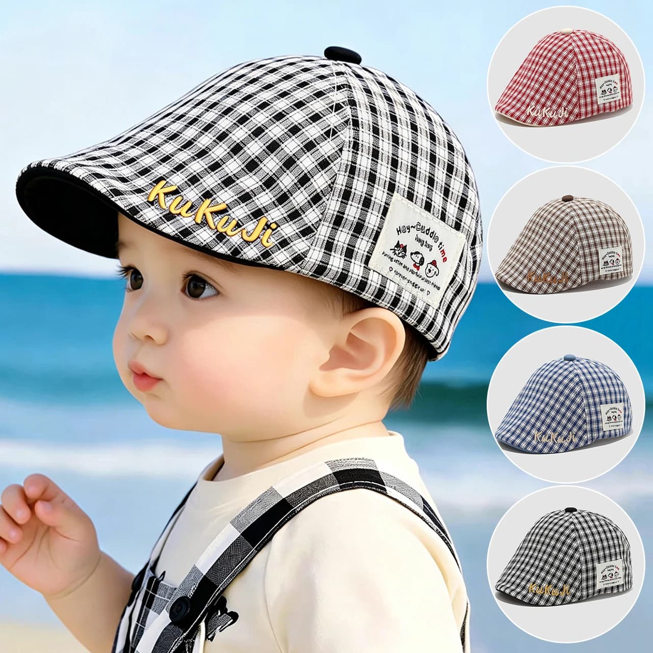 Cappello a Visiera per Bambini a Quadretti alla Moda, Cappello da Sole per Neonati 6-24 Mesi, Visiera Parasole per Bambini e Bambine, Protezione UV per Gite, Cappellino a Becco d'Anatra
