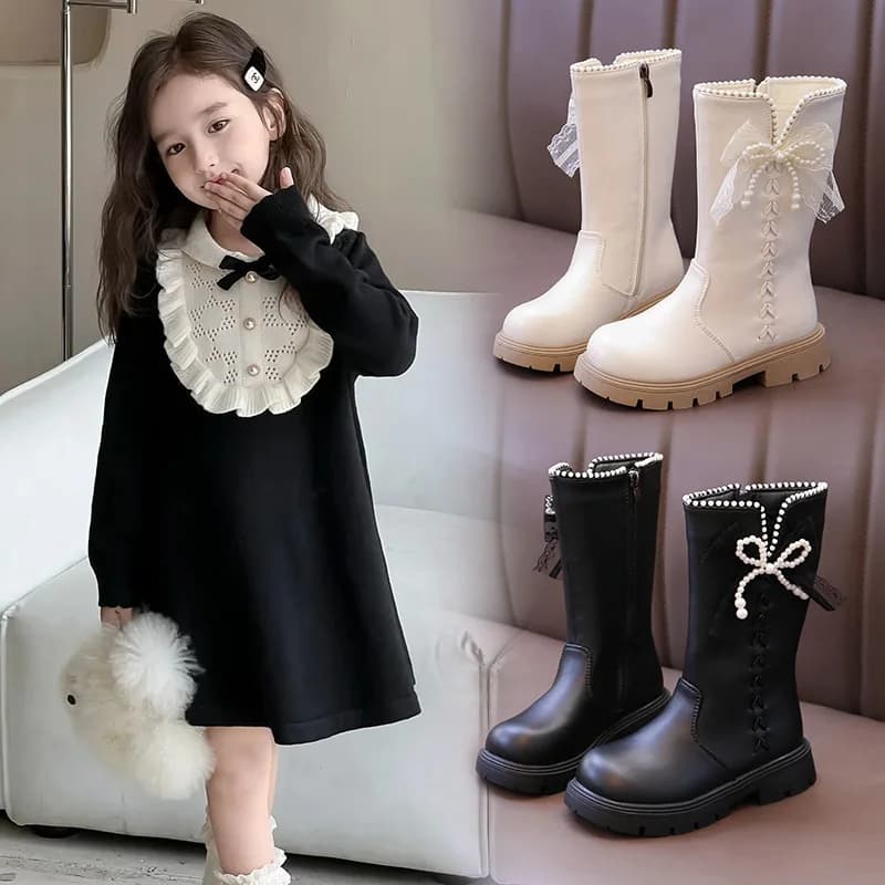 Stivali alti imbottiti alla moda per ragazze 3-18 anni Scarpe in cotone per bambini con fiocco beige Stivali corti in pelle per ragazze antiscivolo versatili