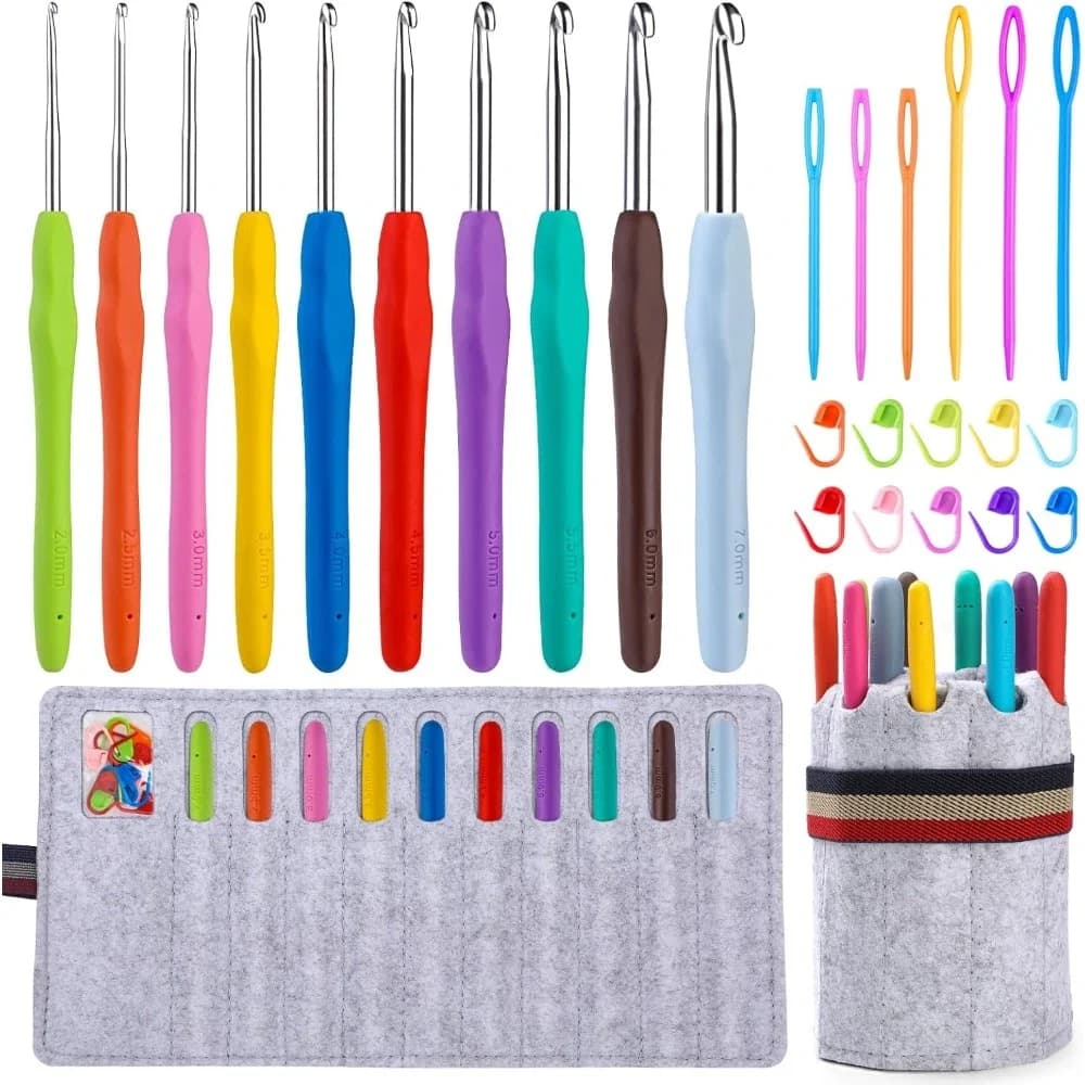 27pcs Ergonomic Crochet Hooks Set with Felt Storage Case Soft Grip Knitting Needles Kit Yarn Craft Stitch Marker Sewing Tool