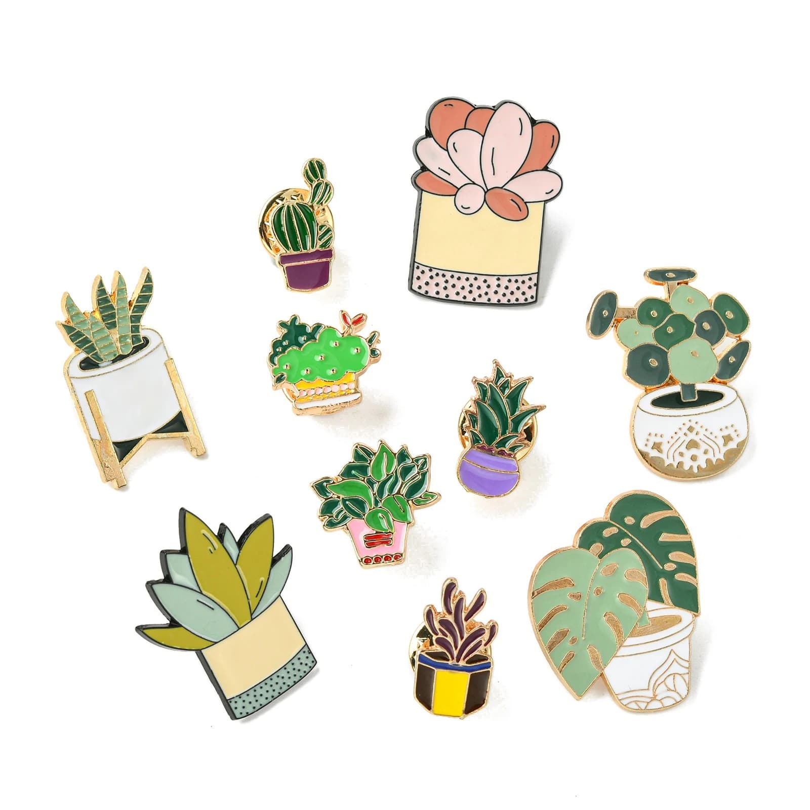 Pandahall 10 pieces mixed styles enamelled brooch for plants set cactus plants potted brooch for clothes backpack decoration