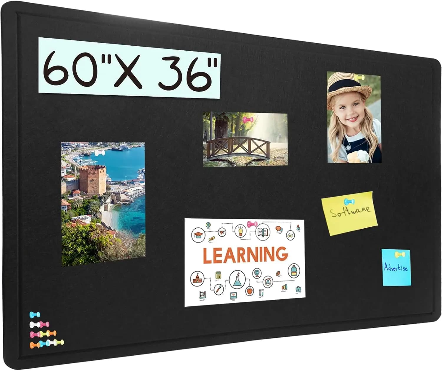 Pannello Pubblicitario in Sughero Grande 60x36 Pollici con Puntine, Bacheca Pieghevole in Feltro per Pareti - Nero