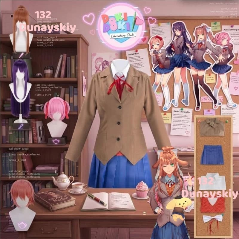Stylish DDLC Women's Brown School Uniform Cosplay Costume Set with Wig And Shoes Complete Halloween Accessory Skirt Suit
