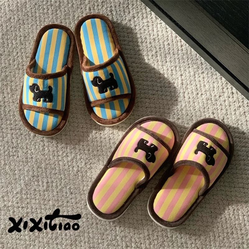 XIXITIAO Women's Indoor Slippers Funny Cute Black Puppy Striped Comfortable Bedroom Slippers NEW Home Soft Non-Slip Flat Shoes