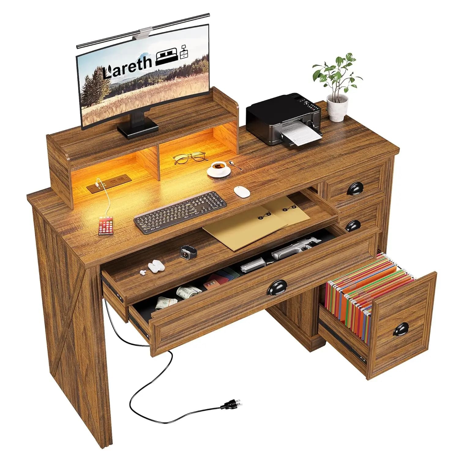 Scrivania per computer in stile rustico con supporto per monitor da 47 pollici, scrivania per ufficio domestico con luci LED e prese di corrente, scrivania, personalizzabile