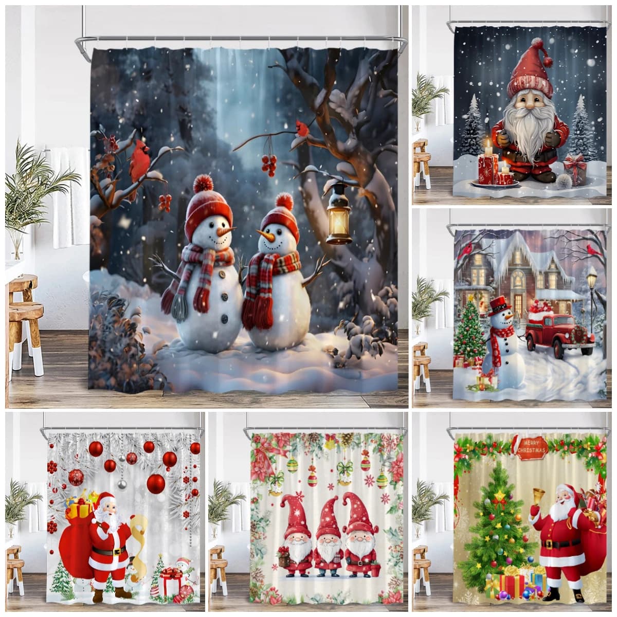 Cute Snowman Christmas Shower tende babbo natale Xmas Tree Truck Winter Forest Scenery Home bagno Decor Set di tende da bagno